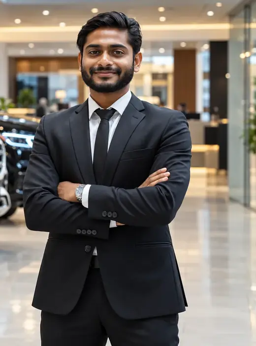 Smiling car dealer standing in a showroom