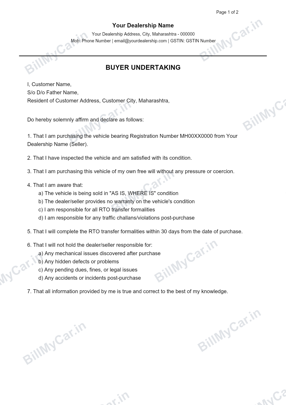 Buyer undertaking letter for a used car purchase, sample generated by Bill My Car