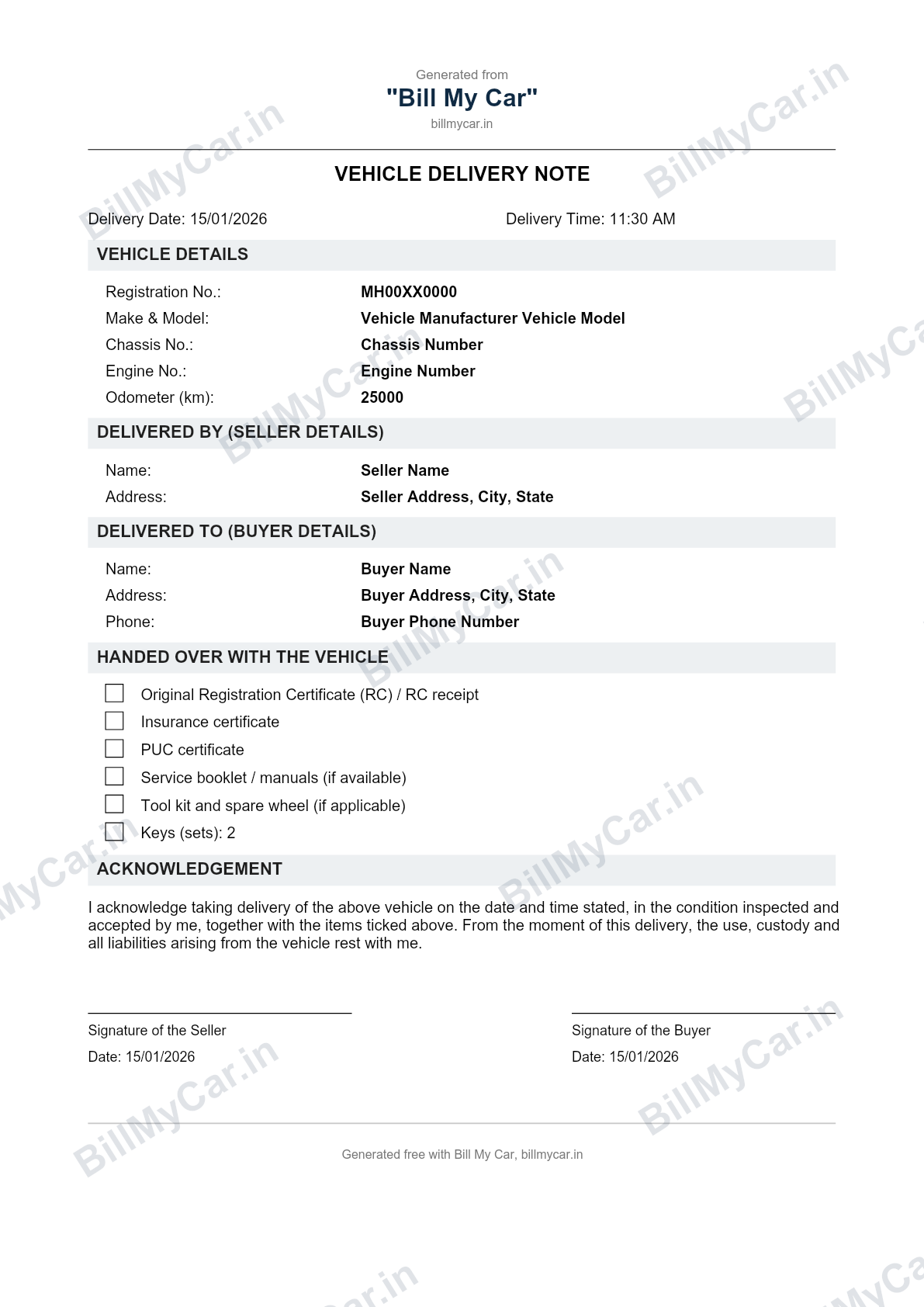 Sample vehicle delivery note format generated by Bill My Car, showing vehicle, seller and buyer details with signatures