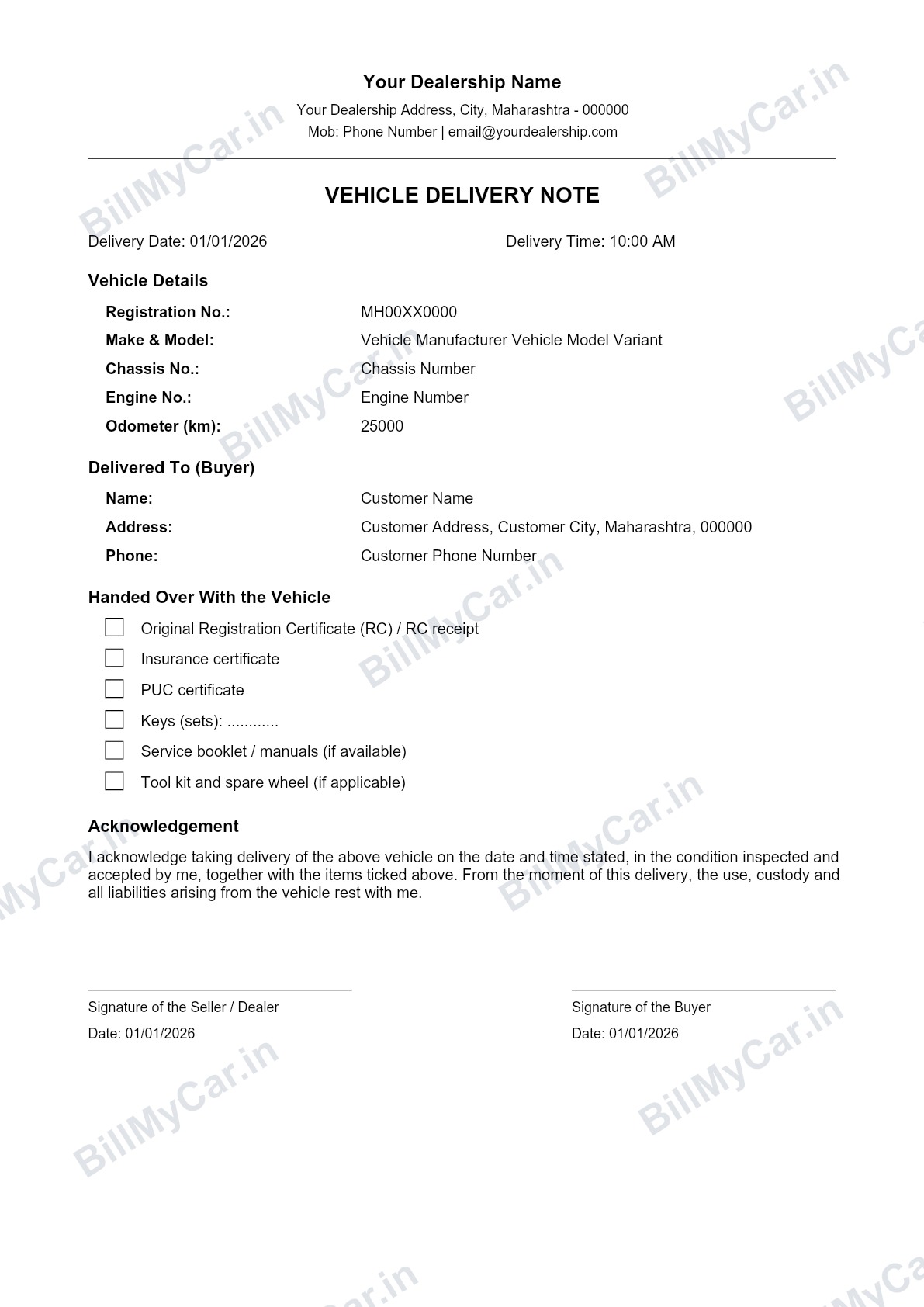 Vehicle delivery note for a used car sale with handover checklist, filled sample