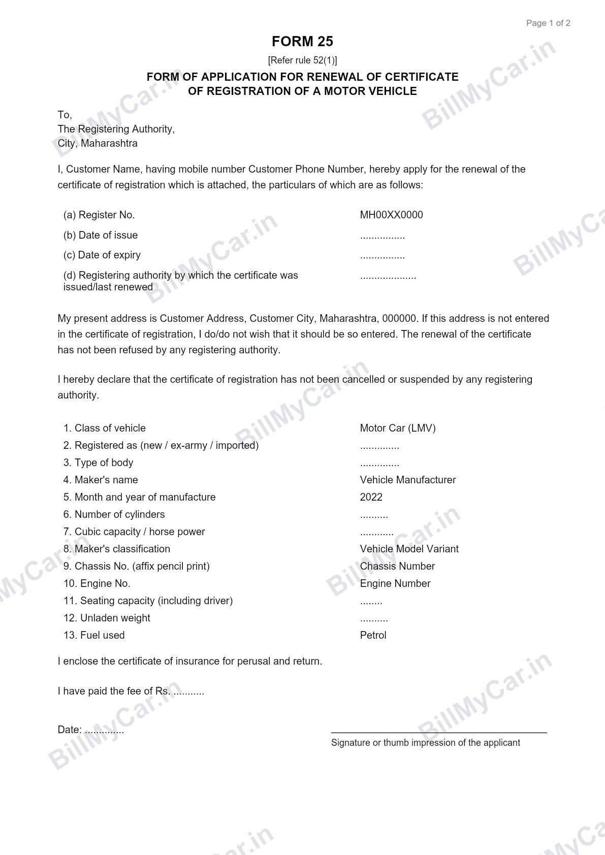 Form 25 application for renewal of certificate of registration, filled sample