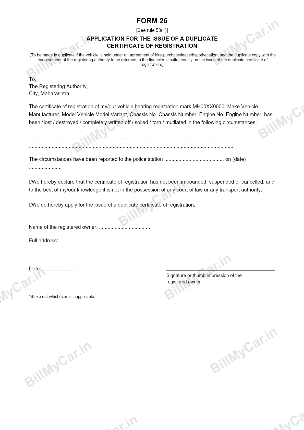 Form 26 application for duplicate certificate of registration, filled sample
