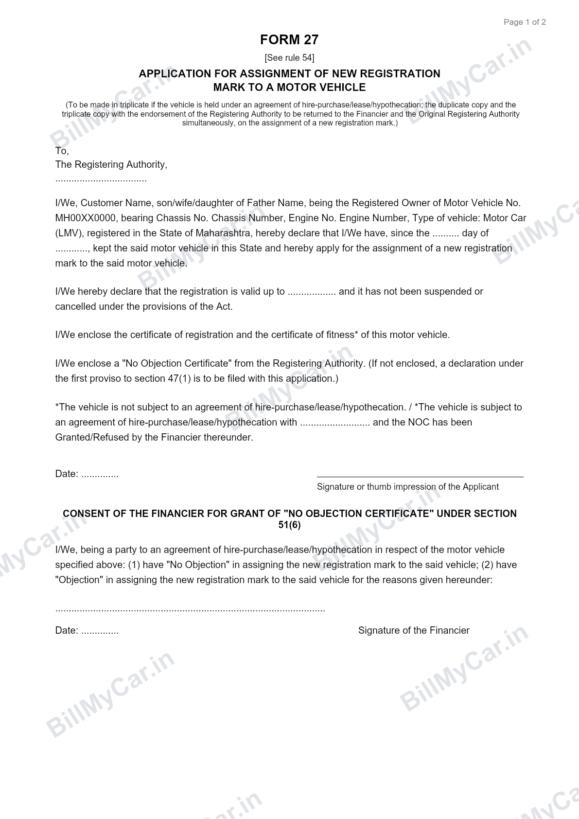 Form 27 application for new registration mark for a vehicle moved from another state, filled sample