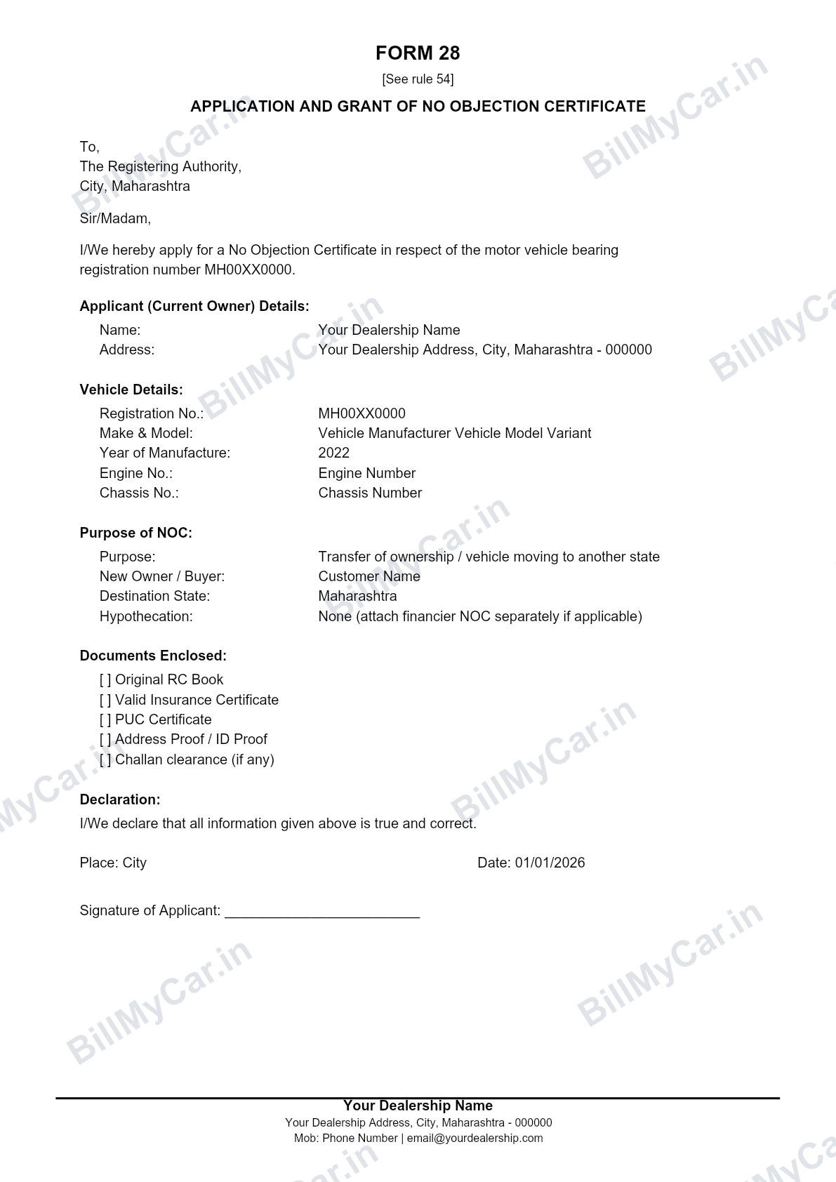 Form 28 application for no objection certificate, filled sample