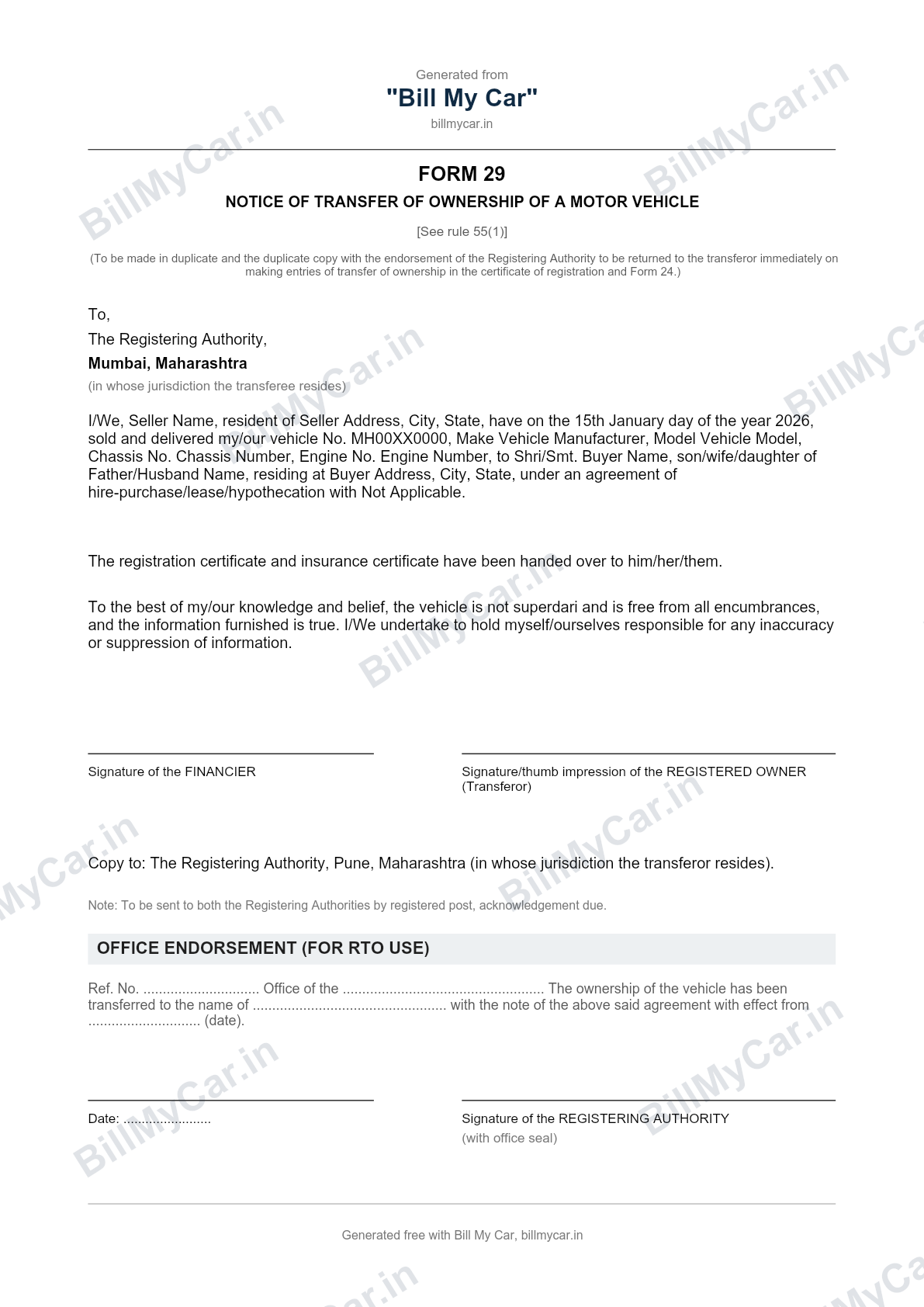 Sample Form 29 notice of transfer of ownership generated by Bill My Car, showing seller, buyer and vehicle details