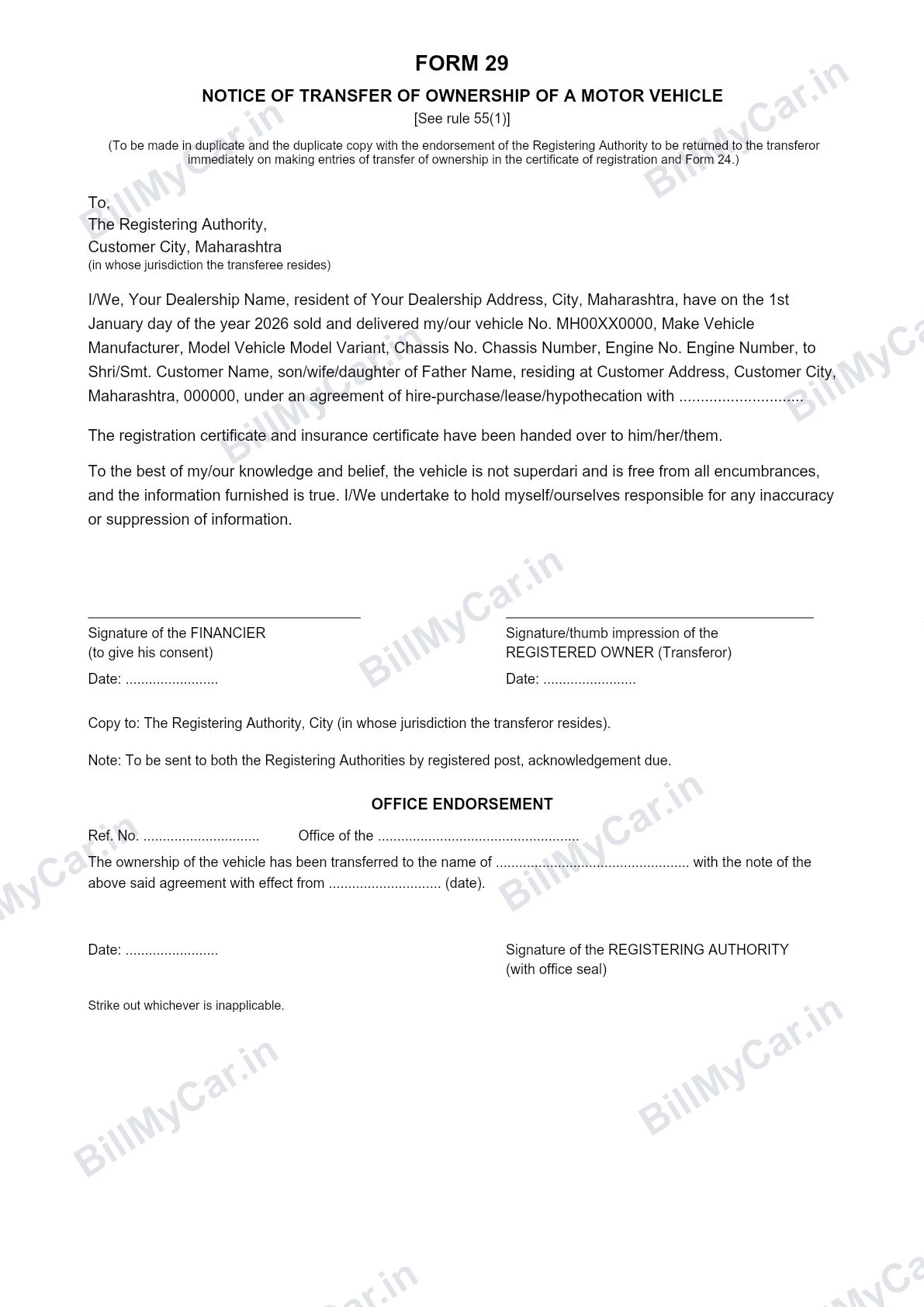 Form 29 notice of transfer of ownership of a motor vehicle, filled sample