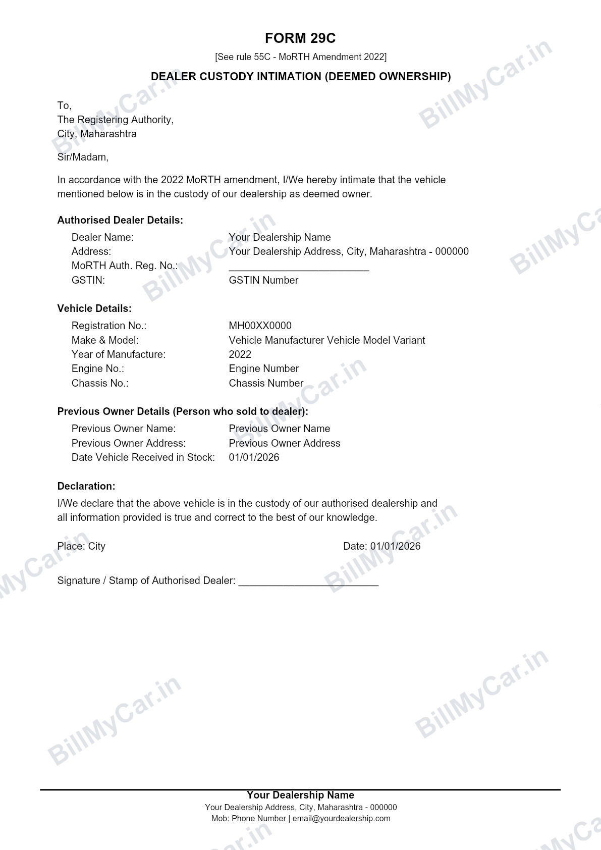 Form 29C dealer custody intimation for deemed ownership, filled sample