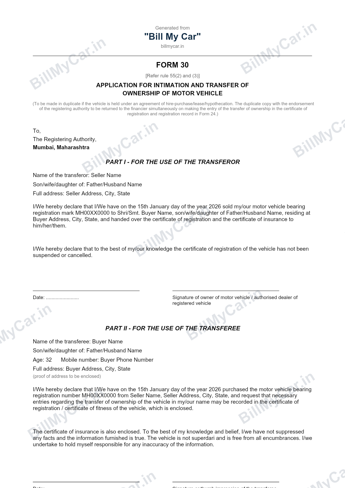 Sample Form 30 application for transfer of ownership generated by Bill My Car, showing Part I transferor and Part II transferee details