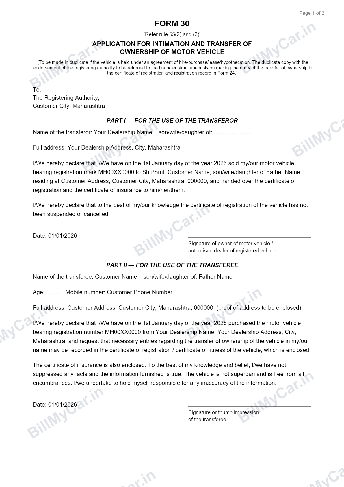 Form 30 application for transfer of ownership, filled sample