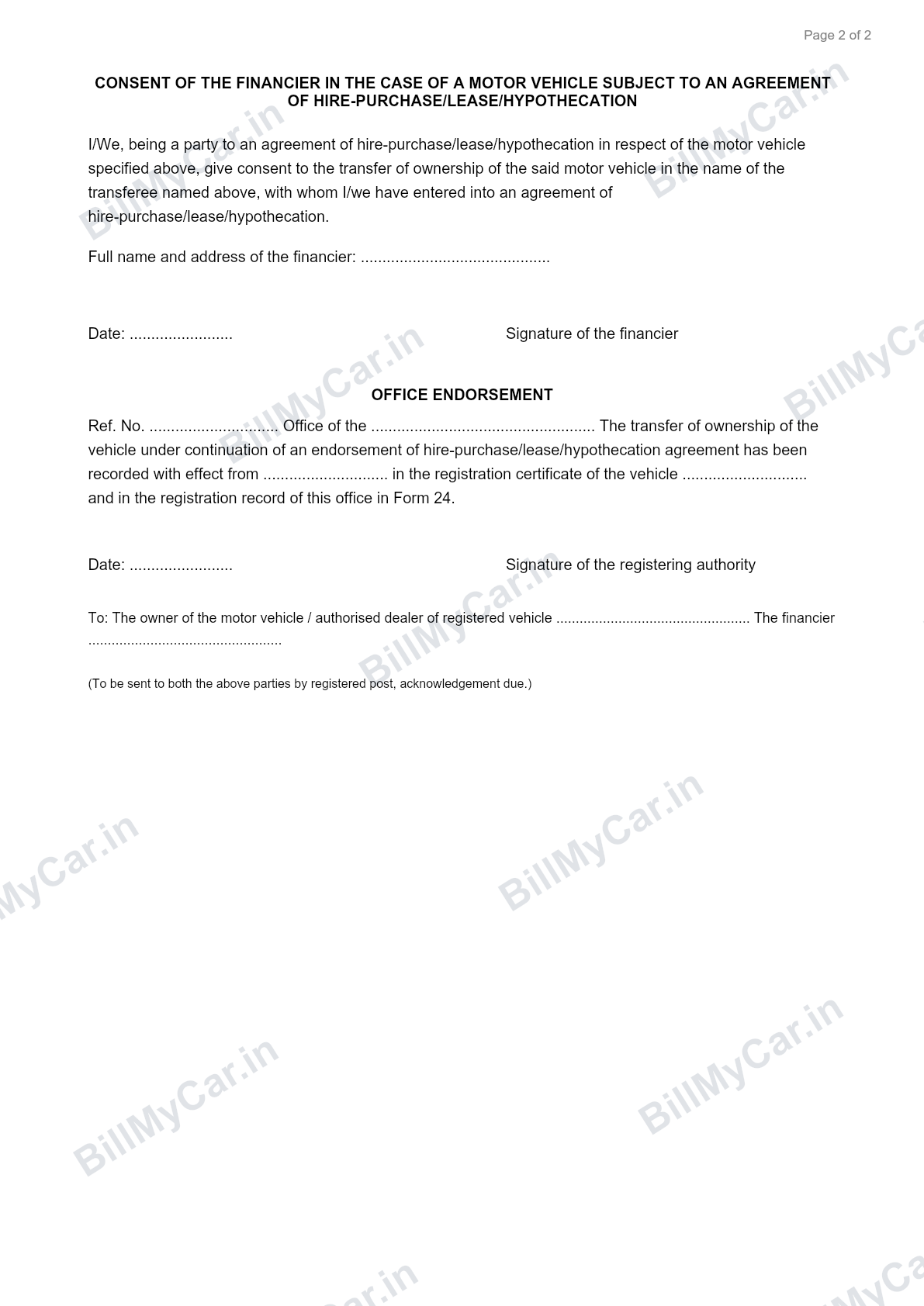 Form 30 page 2 with financier consent and office endorsement, filled sample