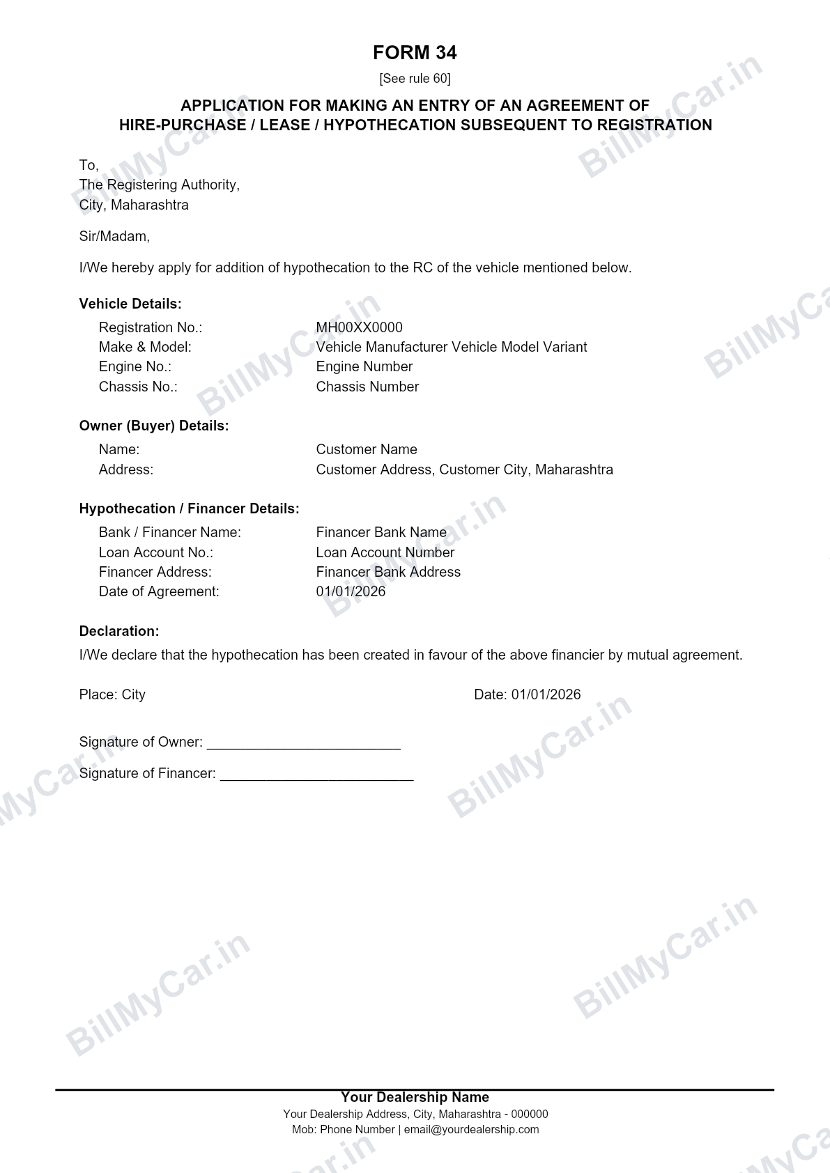Form 34 application for addition of hypothecation to RC, filled sample