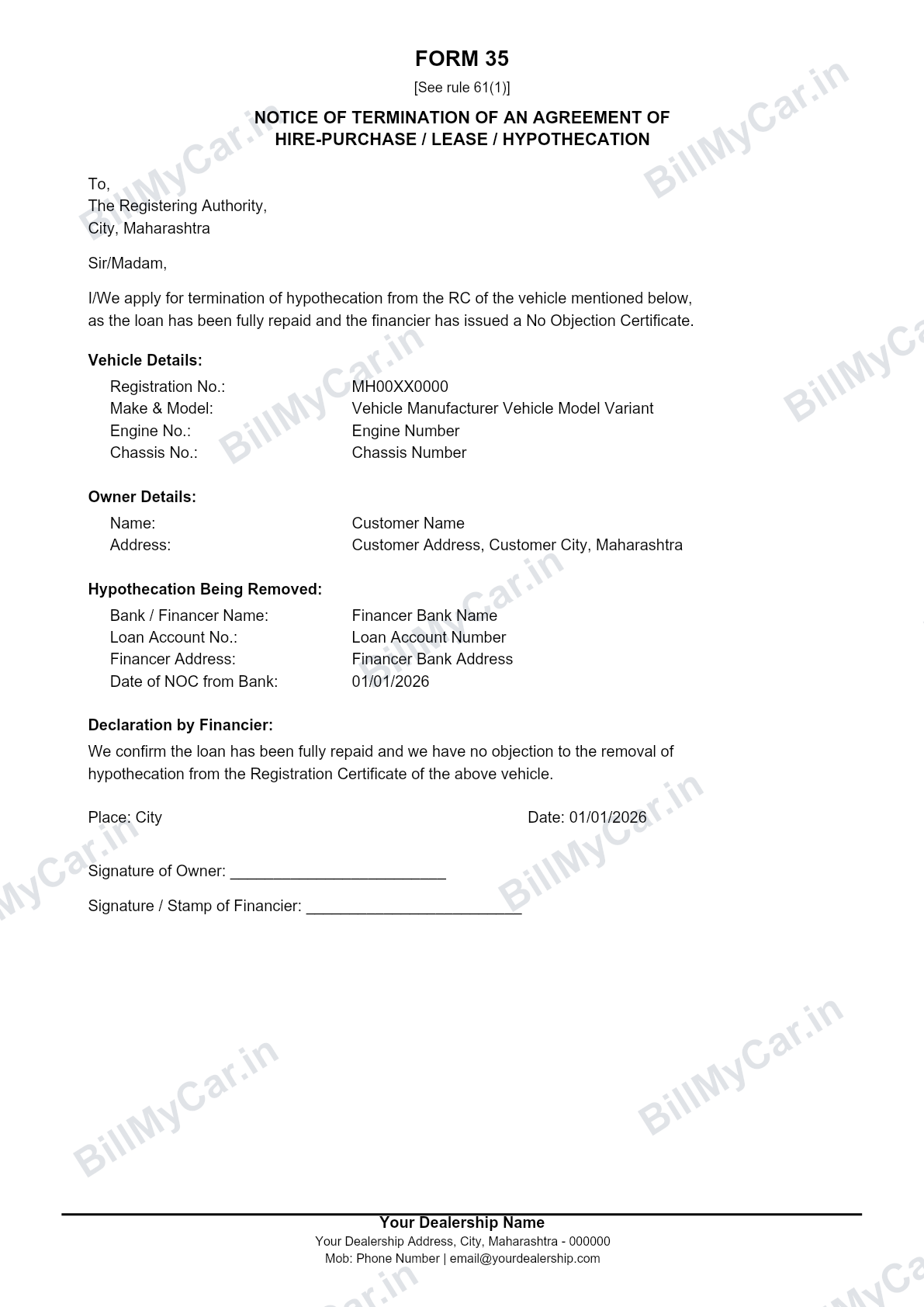 Form 35 application for termination of hypothecation, filled sample