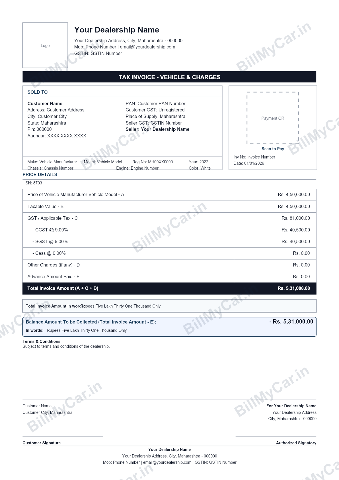 Car sales invoice generated with Bill My Car invoice software