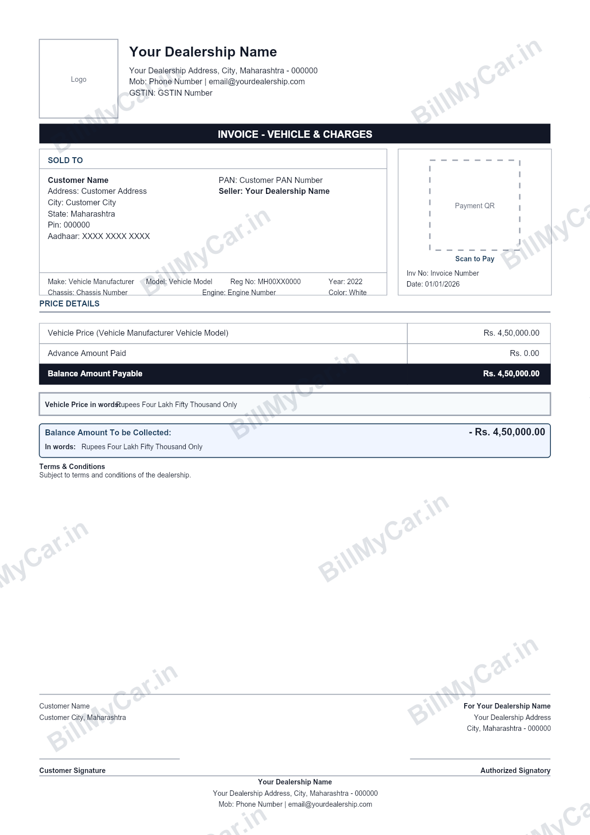 Car bill format for a used vehicle in India, sample generated by Bill My Car