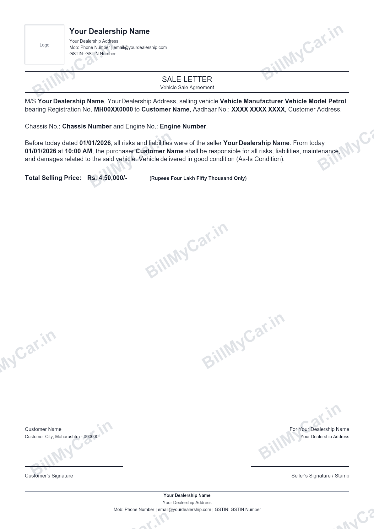 Simple sale letter format for a used car, sample generated by Bill My Car