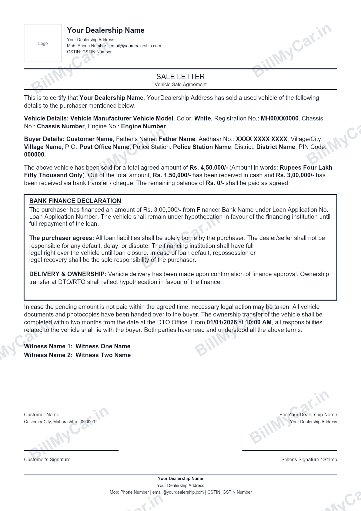 Sale letter format for a used car in India, sample generated by Bill My Car