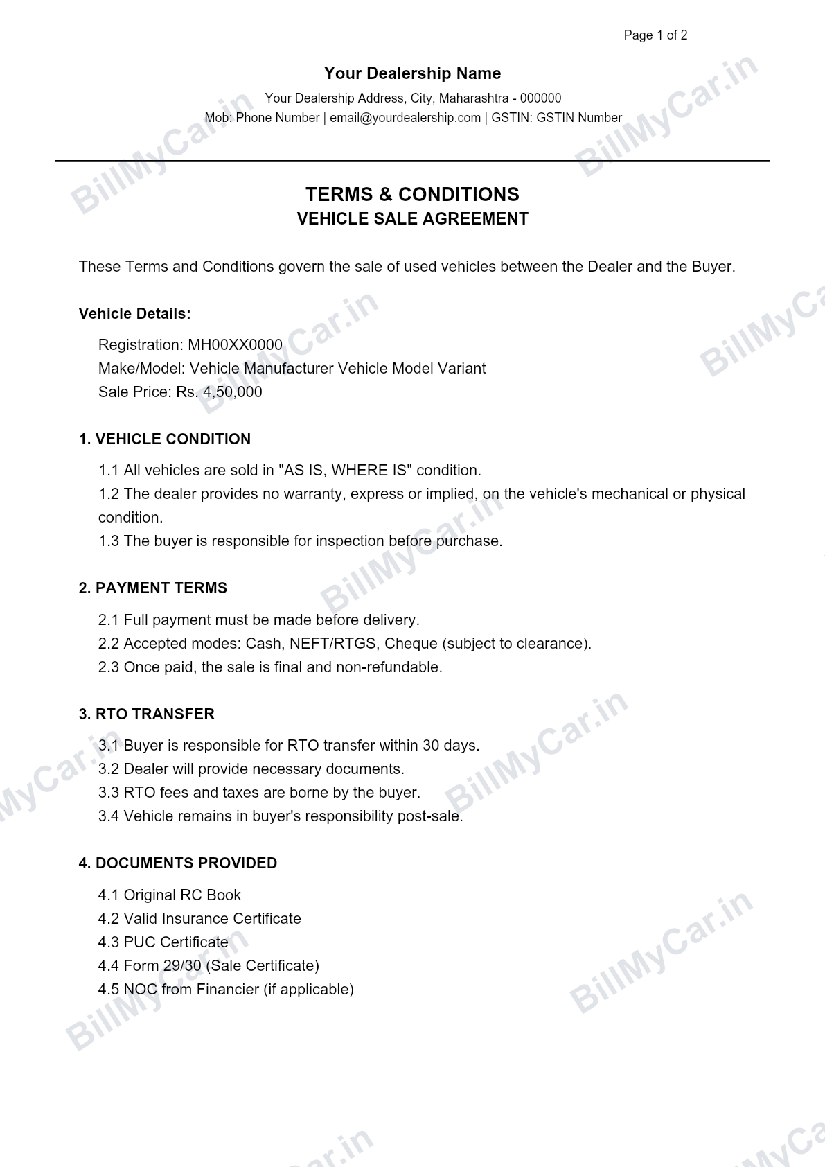 Vehicle sale agreement terms and conditions format, sample generated by Bill My Car